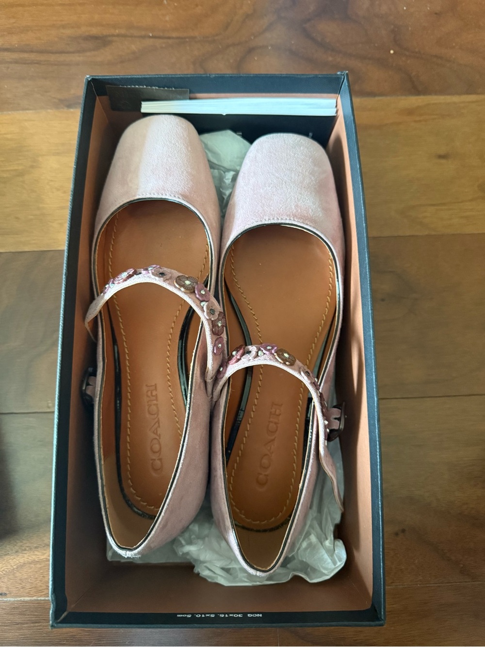 Coach Blush Pink Suede Mary Jane Flats with Floral Strap